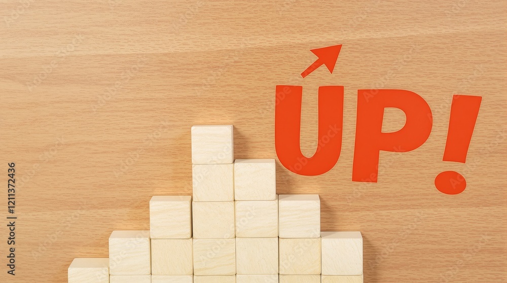 Poster wooden blocks stacked in a rising step formation with bold red up! text and an upward arrow on a nat