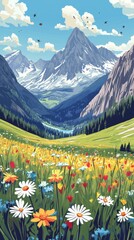 Fototapeta premium Alpine Meadow Wildflowers Blooming Beneath Majestic Mountains
