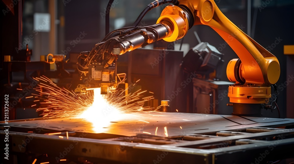 Poster robotic arm with advanced laser technology performing precise welding in a modern industrial manufac