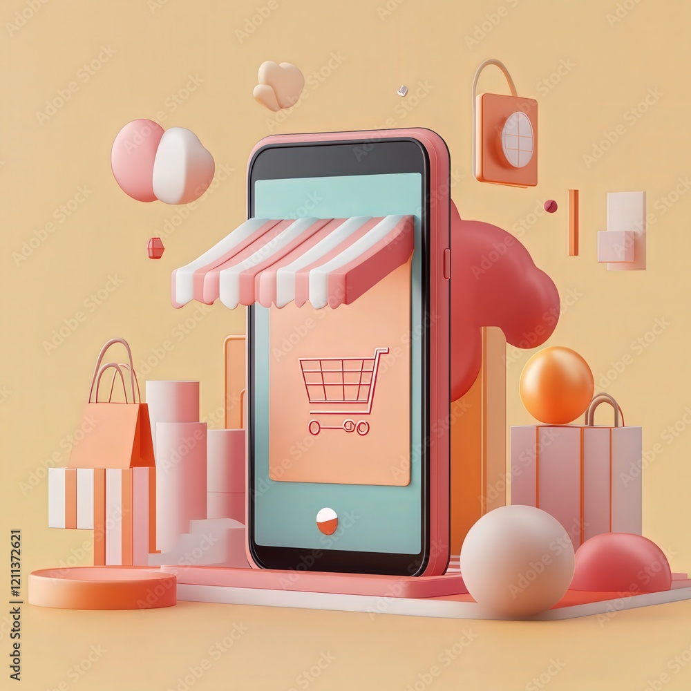 Poster smartphone with an online shopping app open. the background uses a minimalistic design to represent 