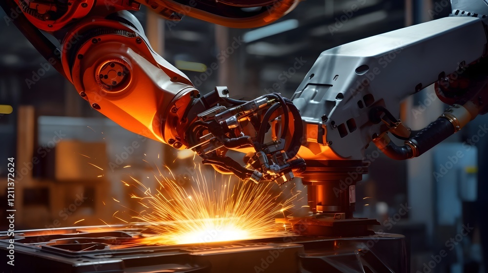 Poster robotic arm with high precision laser technology performing meticulously executed welding in an adva