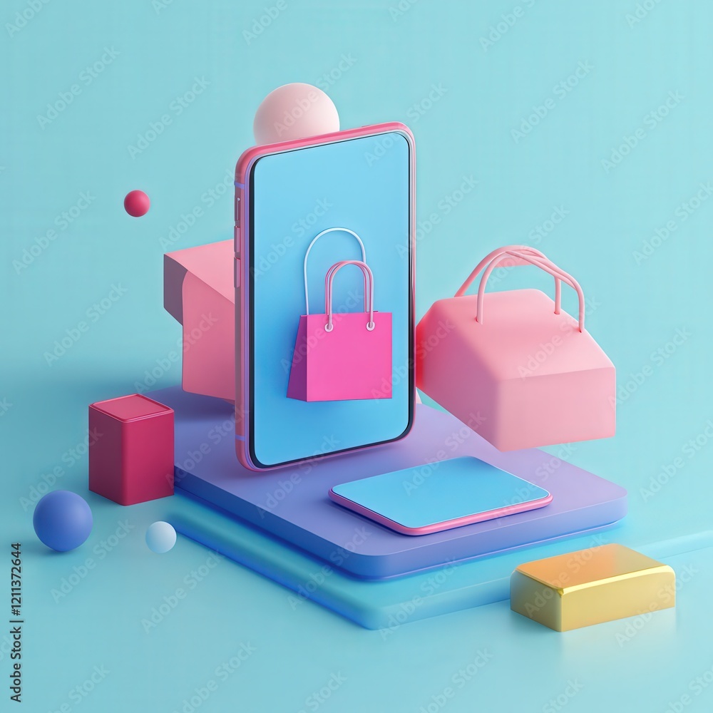 Poster smartphone with an online shopping app open. the background uses a minimalistic design to represent 