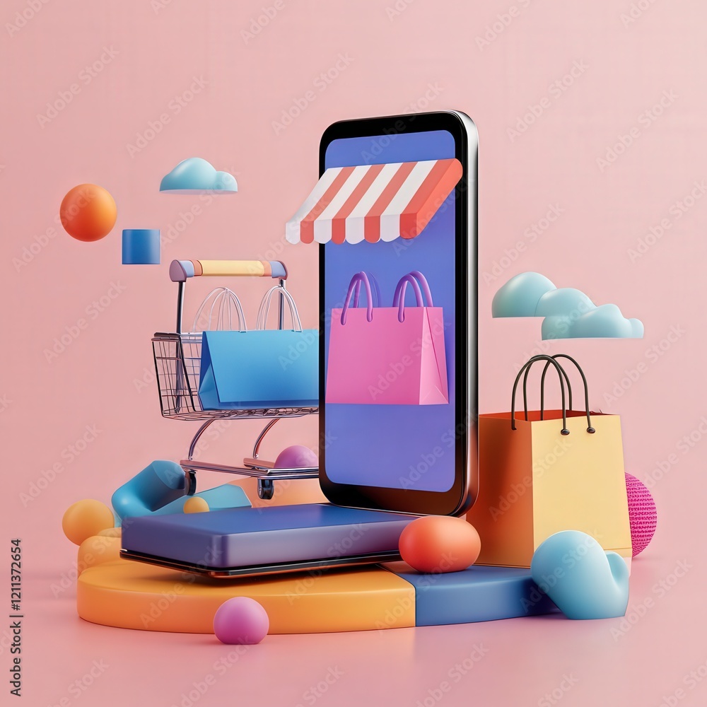 Aufkleber smartphone with an online shopping app open. the background uses a minimalistic design to represent 