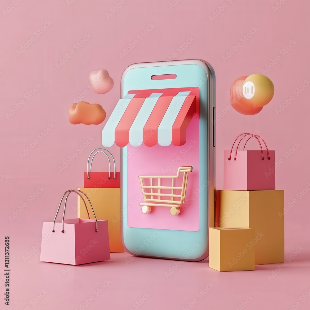Poster smartphone with an online shopping app open. the background uses a minimalistic design to represent 