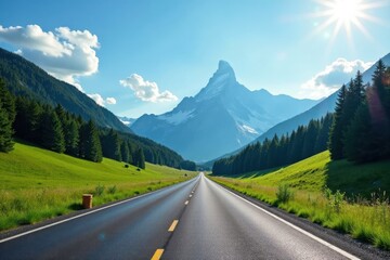 Asphalt road disappearing into a valley with a majestic snow-capped mountain peak under a brilliant sunlit sky