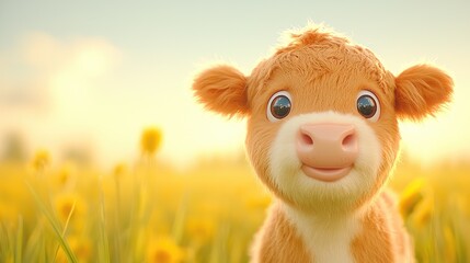 Cute calf in sunny meadow, happy expression, idyllic farm background, perfect for children's books