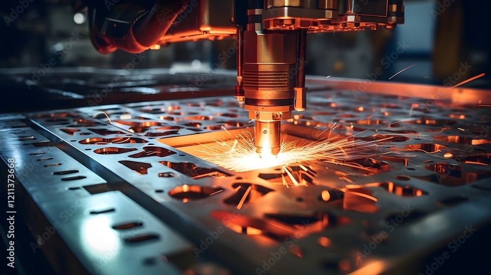 Aufkleber vibrant laser machine creating mesmerizing sparks and light patterns on a metallic sheet showcasing 