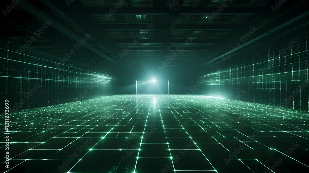 Poster glowing laser grid in a dark high tech room with a futuristic cyberpunk inspired digital backdrop fo