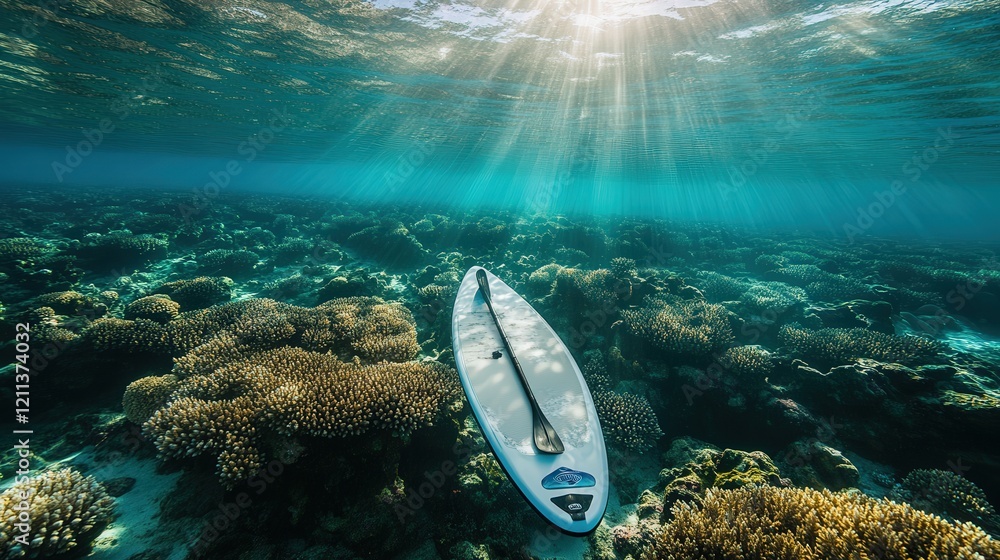 Poster paddle board hovering over a mesmerizing reef, the interplay of light and shadows highlighting the b