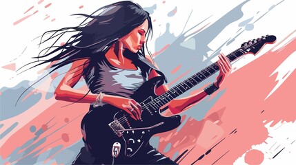 Fiery Heavy Metal Guitarist Woman Flat Vector Illustration