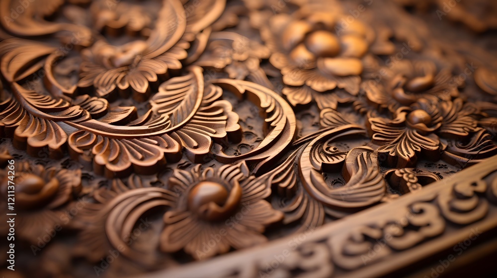 Aufkleber closeup view of a laser engraved wood surface displaying an intricate and elegant pattern with detai