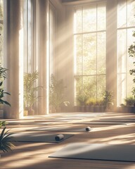 A serene depiction of a yoga studio with mats arranged neatly and sunlight streaming through large windows