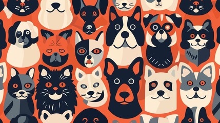 Fototapeta premium Pets Heads Dogs Cats Pattern Flat Vector Illustration