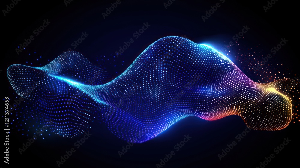 Poster abstract glowing wave, digital particle flow, dark background, tech design