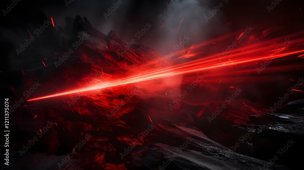 Poster dramatic and futuristic scene of a glowing red laser beam cutting through atmospheric smoke creating