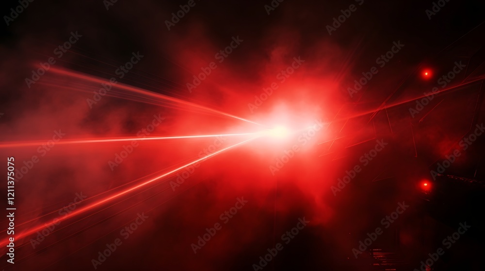 Poster glowing red laser beam cutting through swirling smoke creating an abstract and futuristic 3d environ