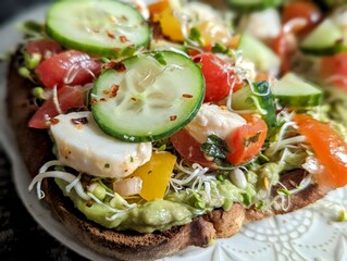 Colorful avocado toast topped with cucumbers, cherry tomatoes, mozzarella and microgreens