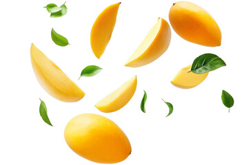 Mango slices and leaves falling in the air isolated  background