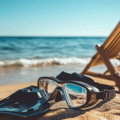 pair of sleek diving goggles with a reflective surface rest on a beach chair, next to a wetsuit and a pair of flippers.