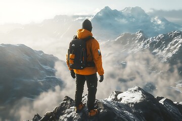 Obraz premium Determined mountaineer atop a snow-capped peak, overlooking a vast landscape.