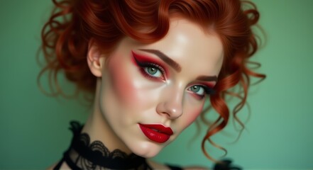 Naklejka premium Red-haired girl with bright makeup on green background, close-up face.