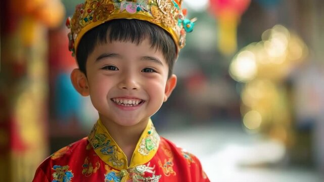 Joyful child in traditional costume smiling and celebrating festival