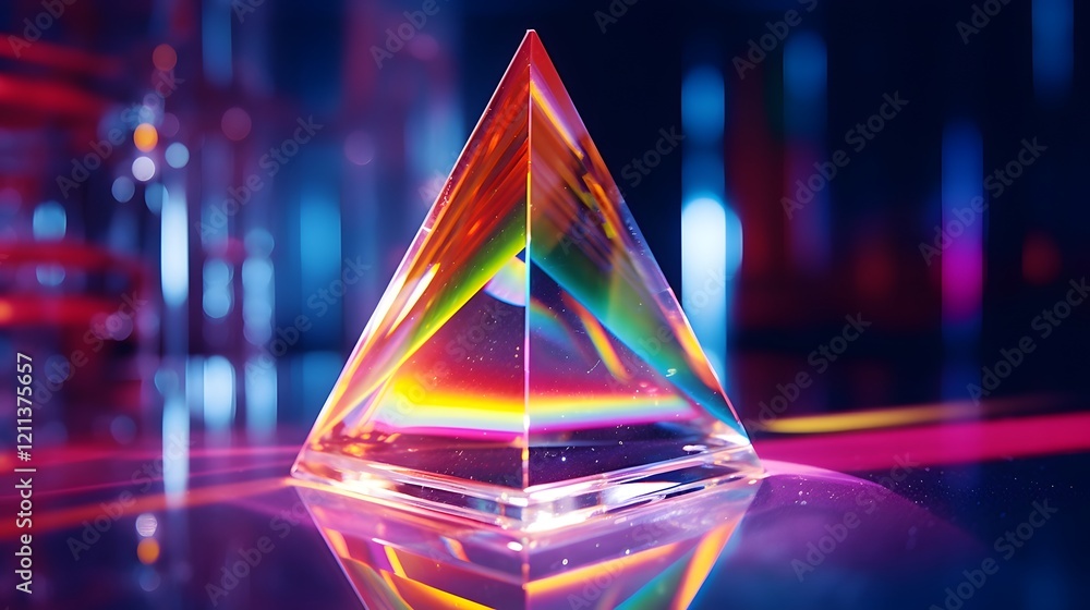 Poster stunning visual of a vibrant rainbow laser beam splitting and refracting through a glass prism creat