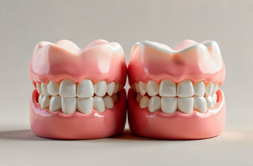 false teeth on a light monochrome background. the concept of substitution in medicine