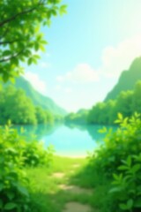 Serene Lakeside Path Through Lush Greenery, a Tranquil Summer Scene of Nature's Beauty