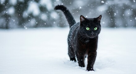 Fototapeta premium black cat walking in snow