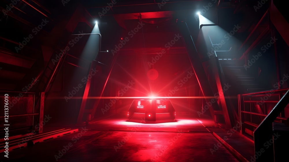 Poster bright red laser security system crisscrossing to protect valuable jewels or money in a futuristic b