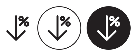 Interest rate reduction or percent down icons set in black filled and stroke line style