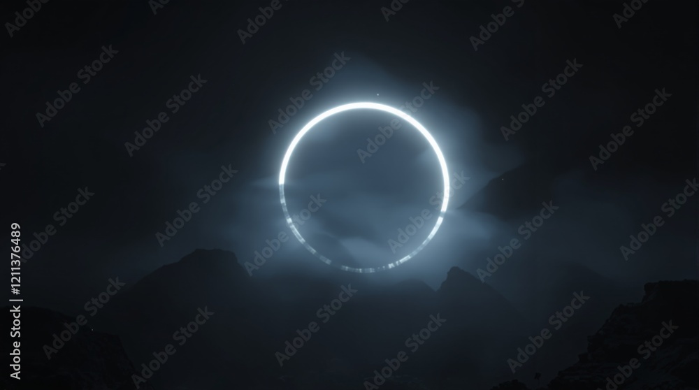 Poster mysterious glowing circular ring floating in misty clouds above dark mountain peaks at night. enigma