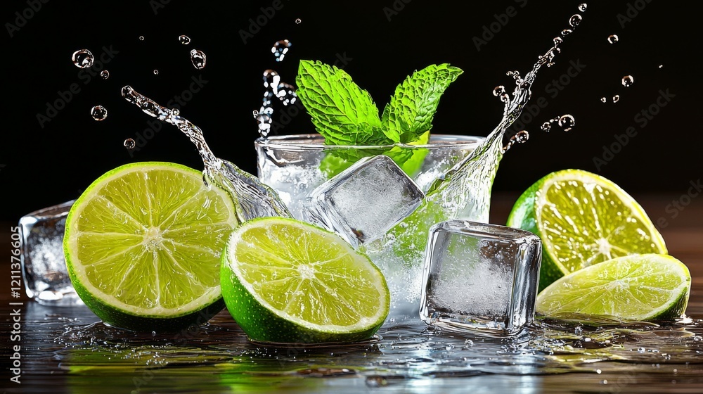 Poster refreshing drink with lime, mint, and ice creating splashes on a dark background