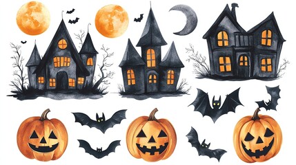 Fototapeta premium Collection set watercolor Halloween designs with pumpkins, bats, and haunted houses, on a white background