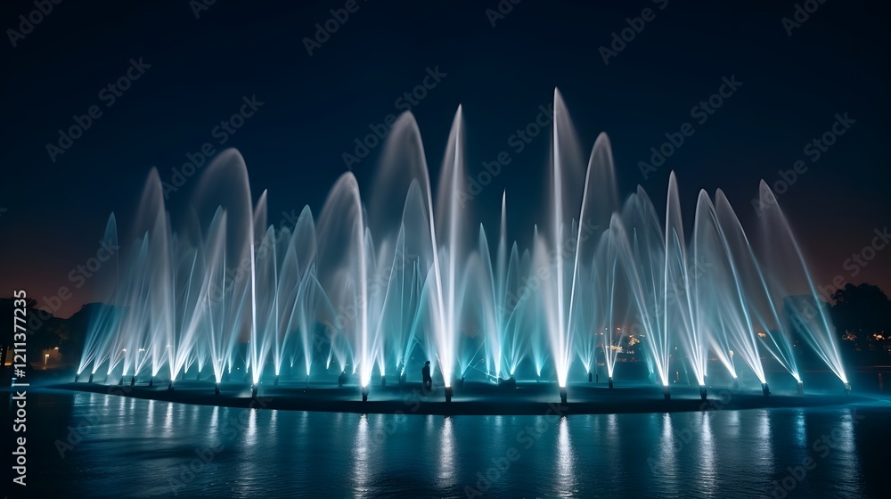 Poster captivating laser show synchronized with choreographed water fountains creating a mesmerizing and vi