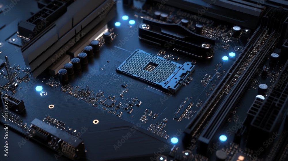 Poster close-up of a modern computer motherboard with cpu socket