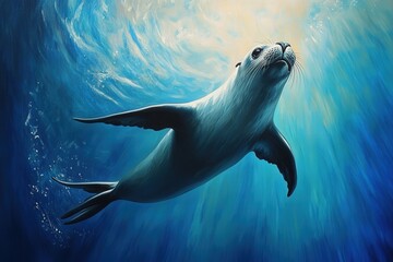 Obraz premium playful sea lion swims with ease through the blue ocean waters, its flippers gracefully guiding it through the deep blue.