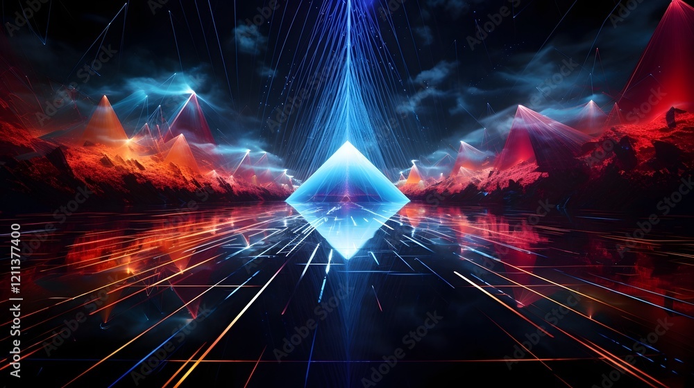 Poster mesmerizing surreal abstract laser light art piece glowing with vibrant colors and dynamic patterns 