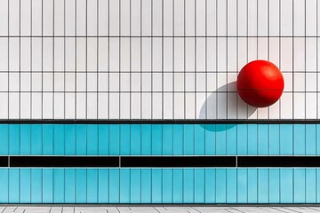 Red spherical object contrasts against modern architectural wall with blue accents and clean lines in urban setting during daylight