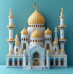 3d Ramadan Kareem with golden moon star and lantern, mosque door islamic pattern, arabic coffee pot, date palm fruit, podium as luxury islamic background.
