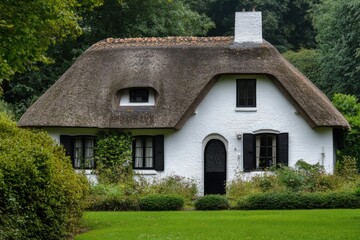 Fototapeta premium A delightful thatched cottage, perfectly nestled among vibrant greenery, offers a tranquil retreat in the serene countryside, bathed in the gentle light of early afternoon