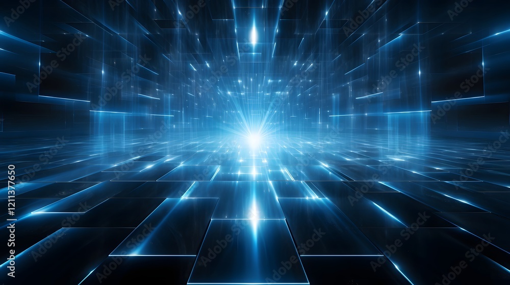Poster glowing blue laser beams intersecting in a dark room creating a mesmerizing futuristic geometric gri