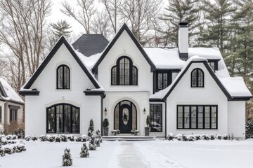 Naklejka premium This exquisite winter residence is nestled in a tranquil neighborhood, featuring a beautiful snow-covered landscape that highlights its modern architectural design