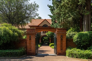 Naklejka premium Elegant entrance to a residential property surrounded by lush greenery and perfectly manicured hedges, showcasing the charm of a peaceful suburban neighborhood in bright daylight