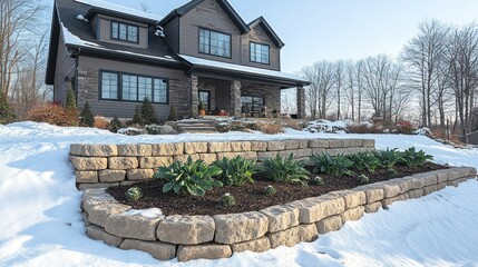 Winter Wonderland Home Landscaping: Stone Retaining Wall and Snow Covered Garden