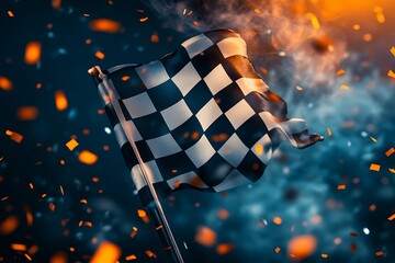 Checkered Flag Waving in Celebration Amidst Confetti