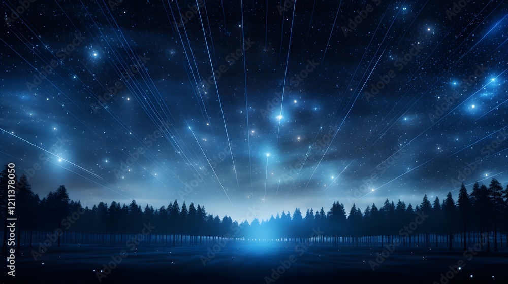 Poster breathtaking image of a starry night sky with laser beams tracing the outlines of celestial constell