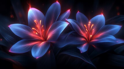 Obraz premium Glowing Blue Flowers Illuminated With Red Centers