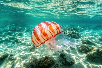 red and white jellyfish slowly floating in the clear water, its vibrant colors and soft, flowing tentacles creating a tranquil and mesmerizing scene in the deep sea